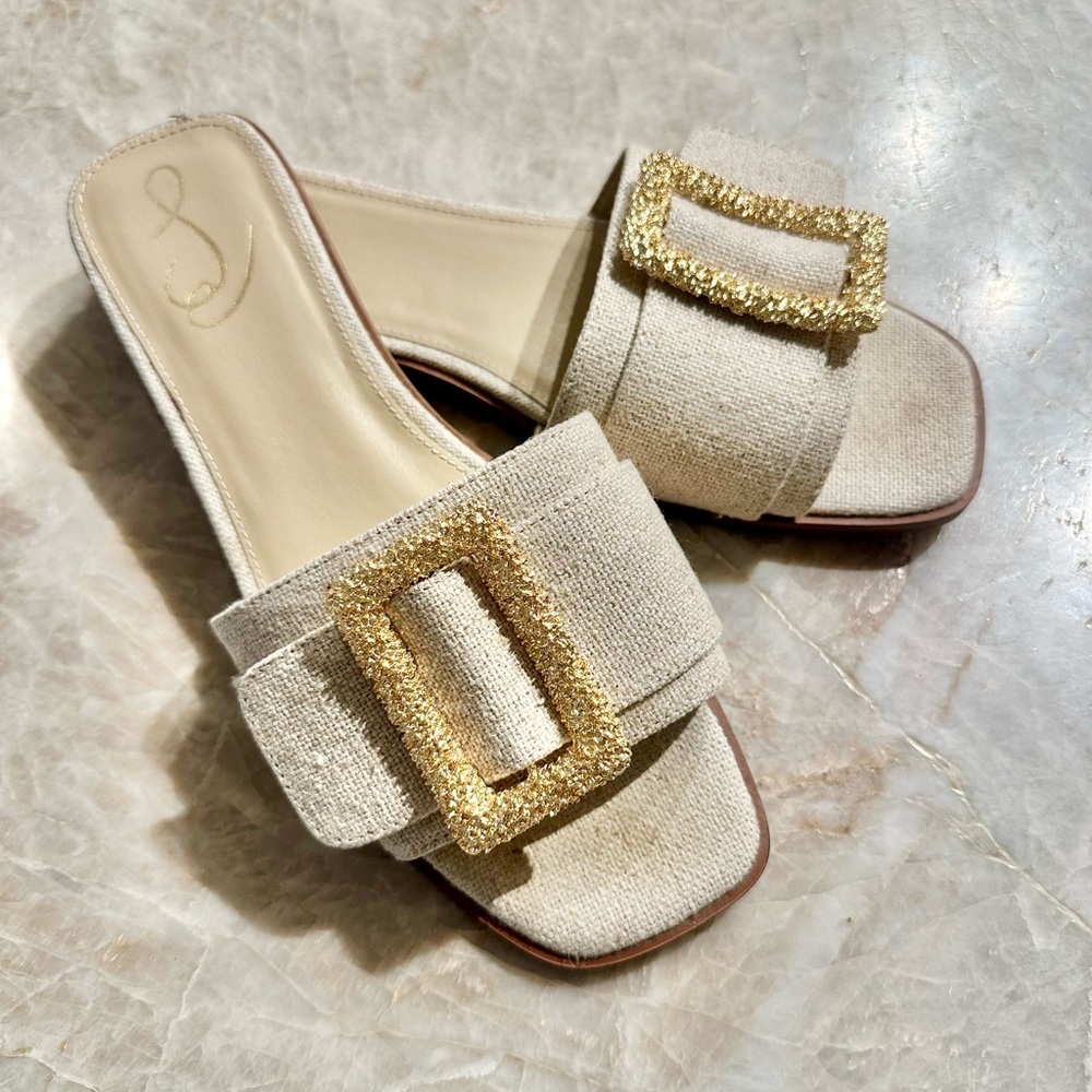Sam Edelman Beige Linen Slide Sandals with Gold Buckle Inez